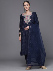 Indo Era Blue Embroidered Straight Kurta Trousers With Dupatta Set