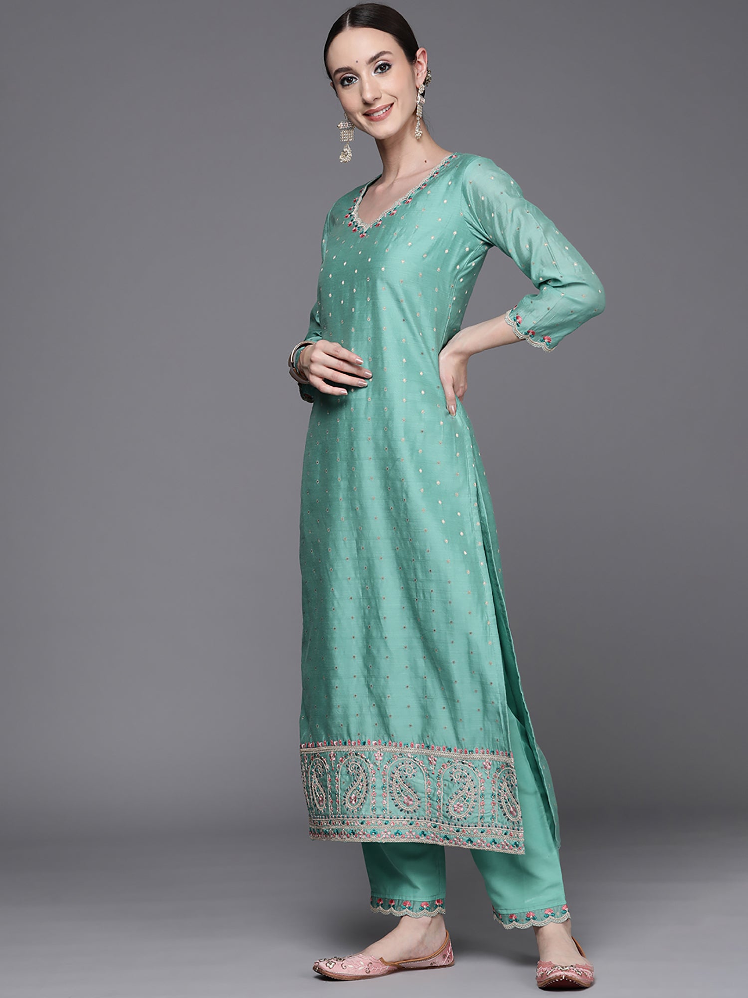 Indo Era Blue Embroidered Straight Kurta Trousers With Dupatta Set