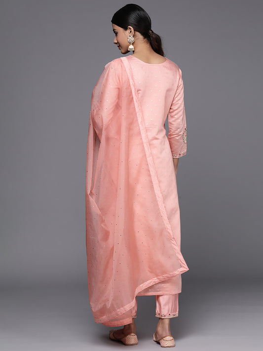 Indo Era Pink Embroidered Straight Kurta Trousers With Dupatta Set