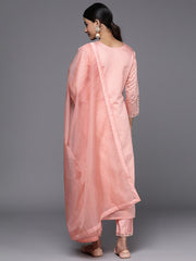 Indo Era Pink Embroidered Straight Kurta Trousers With Dupatta Set