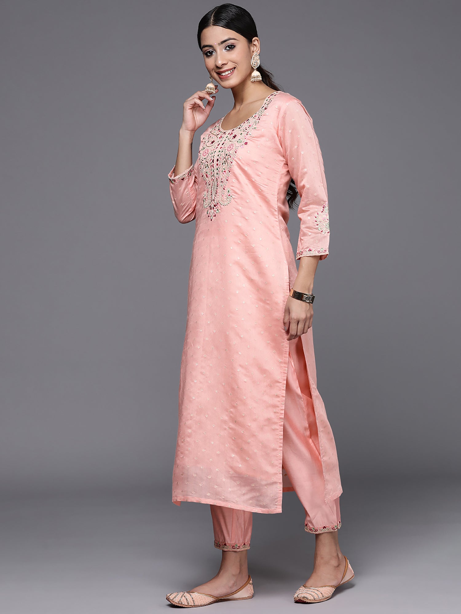 Indo Era Pink Embroidered Straight Kurta Trousers With Dupatta Set