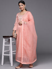 Indo Era Pink Embroidered Straight Kurta Trousers With Dupatta Set