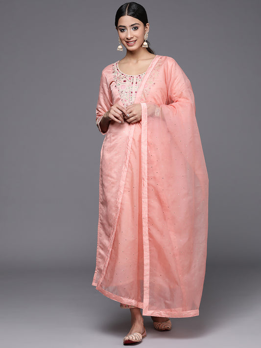 Indo Era Pink Embroidered Straight Kurta Trousers With Dupatta Set