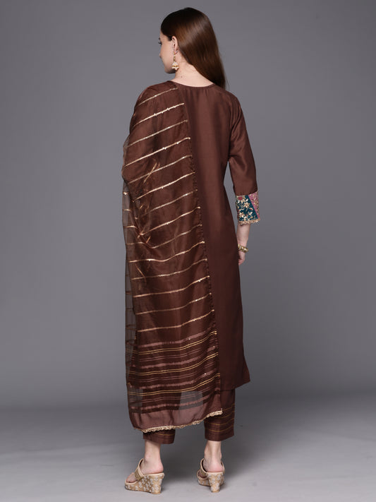 Indo Era Brown Embroidered Straight Kurta Trousers With Dupatta Set