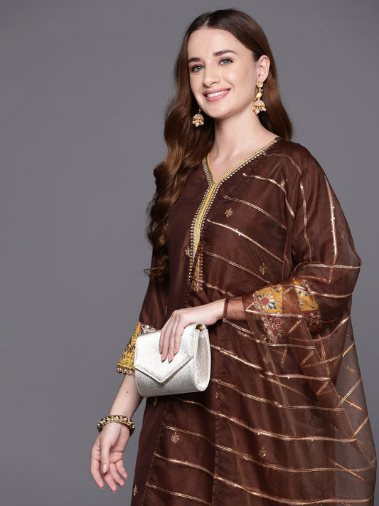 Indo Era Brown Embroidered Straight Kurta Trousers With Dupatta Set