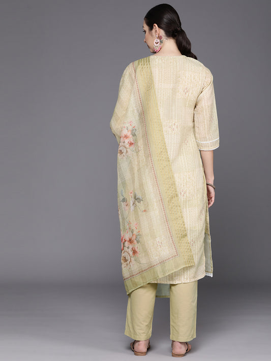 Indo Era Cream Embroidered Straight Kurta Trousers With Dupatta Set