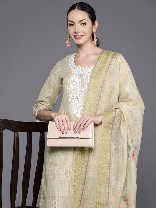 Indo Era Cream Embroidered Straight Kurta Trousers With Dupatta Set