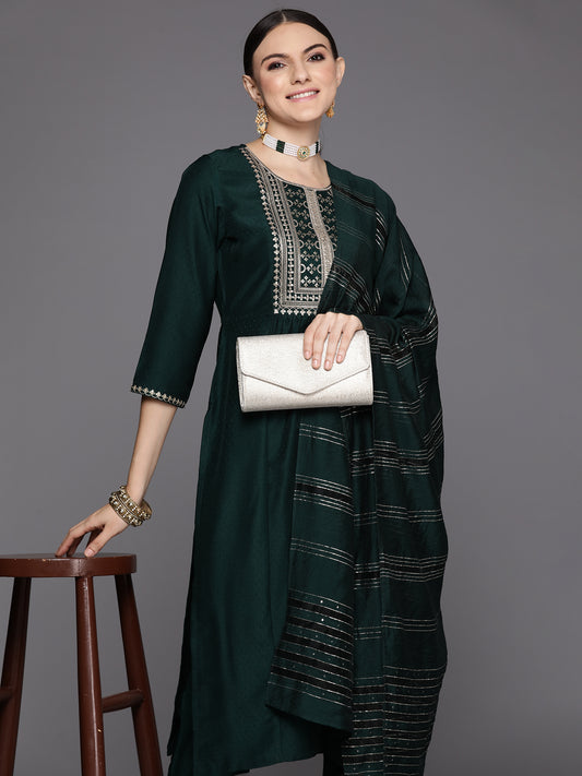 Indo Era Green Embroidered A-Line Kurta Trousers With Dupatta Set