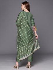 Indo Era Green Embroidered Straight Kurta Trousers With Dupatta Set