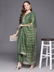 Indo Era Green Embroidered Straight Kurta Trousers With Dupatta Set