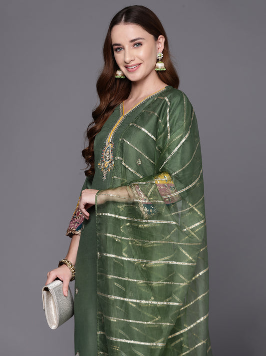 Indo Era Green Embroidered Straight Kurta Trousers With Dupatta Set