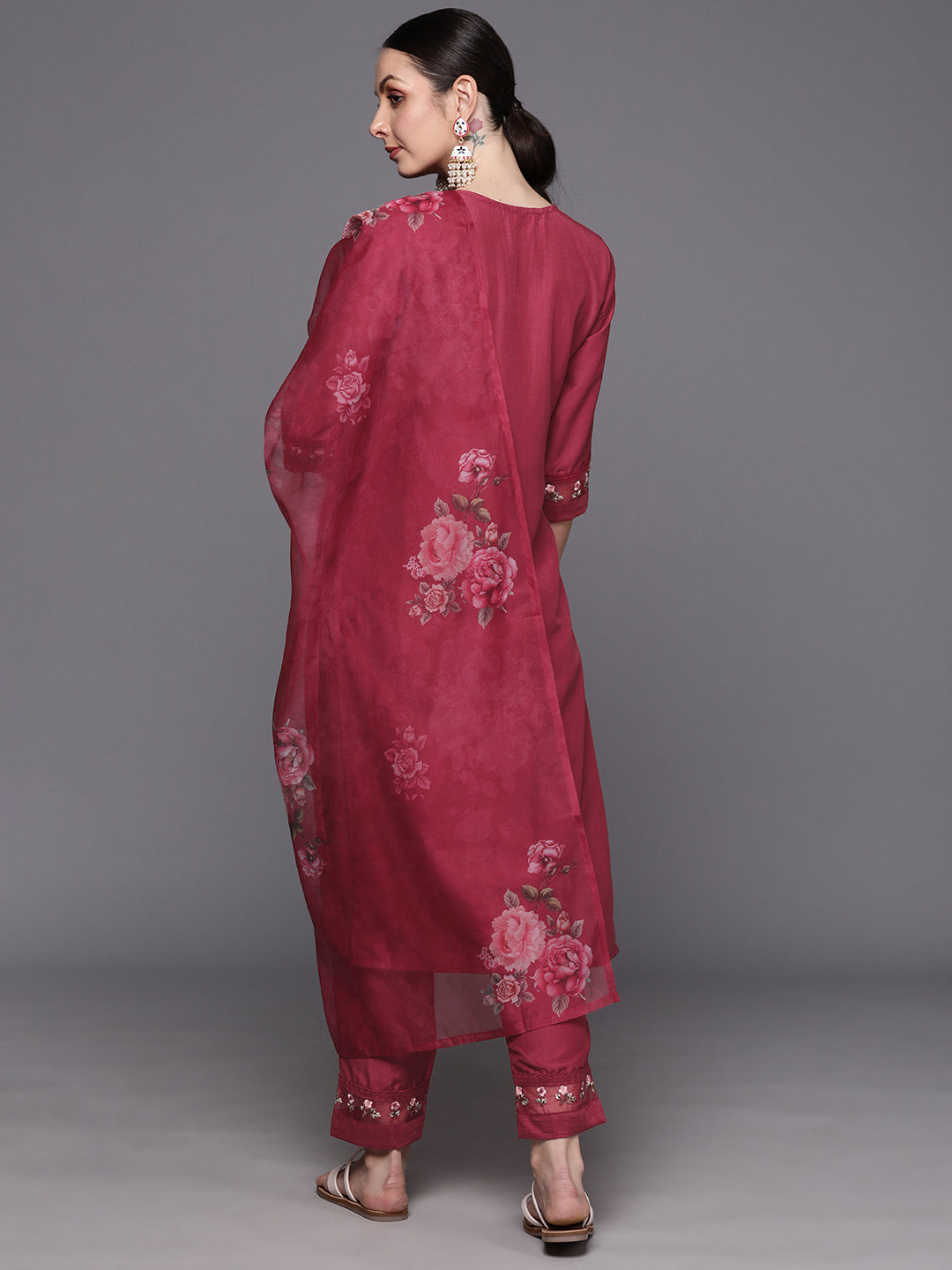 Indo Era Maroon Embroidered Straight Kurta Trousers With Dupatta Set