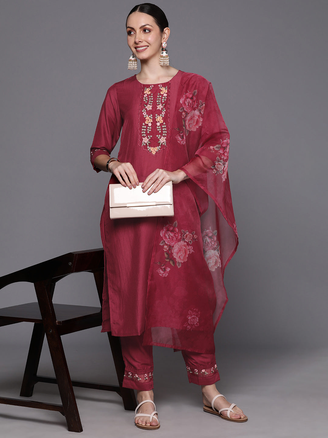 Indo Era Maroon Embroidered Straight Kurta Trousers With Dupatta Set