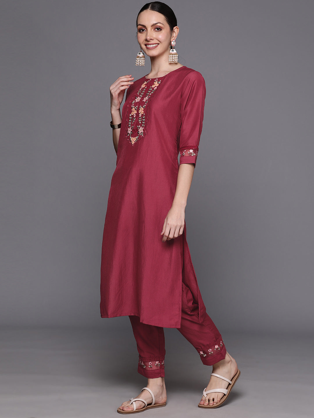 Indo Era Maroon Embroidered Straight Kurta Trousers With Dupatta Set