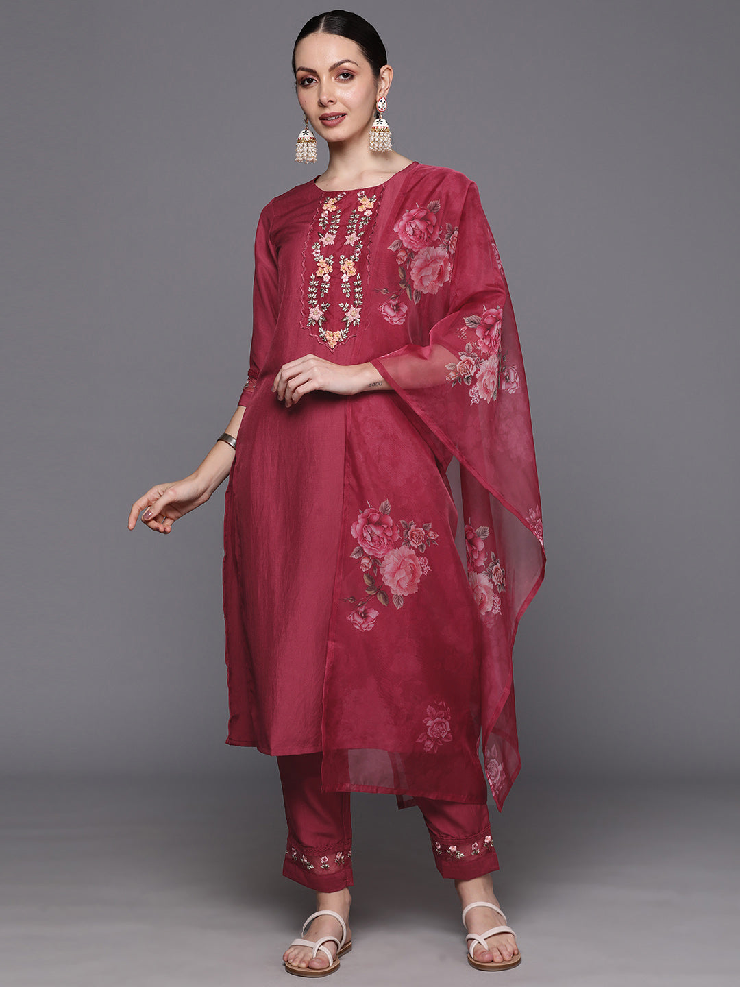 Indo Era Maroon Embroidered Straight Kurta Trousers With Dupatta Set