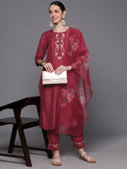 Indo Era Maroon Embroidered Straight Kurta Trousers With Dupatta Set