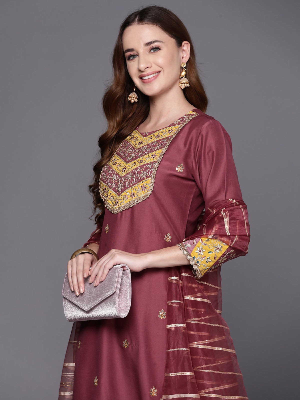 Indo Era Mauve Embroidered Straight Kurta Trousers With Dupatta Set