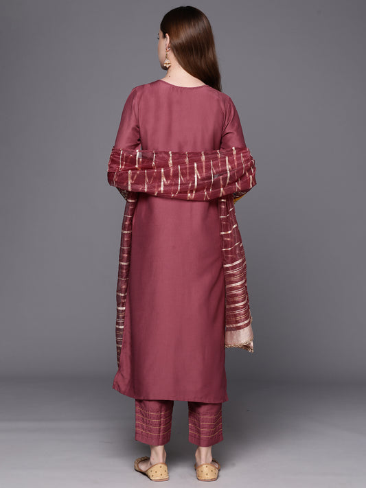 Indo Era Mauve Embroidered Straight Kurta Trousers With Dupatta Set