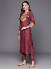 Indo Era Mauve Embroidered Straight Kurta Trousers With Dupatta Set