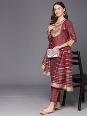 Indo Era Mauve Embroidered Straight Kurta Trousers With Dupatta Set