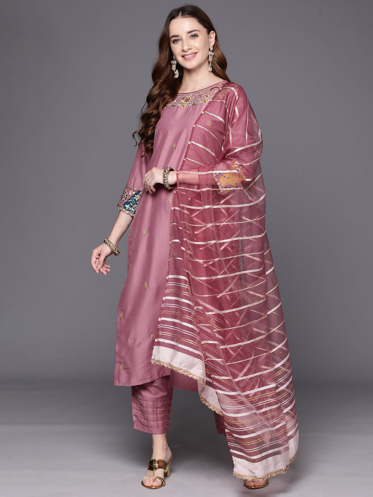 Indo Era Mauve Embroidered Straight Kurta Trousers With Dupatta Set