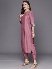 Indo Era Mauve Embroidered Straight Kurta Trousers With Dupatta Set