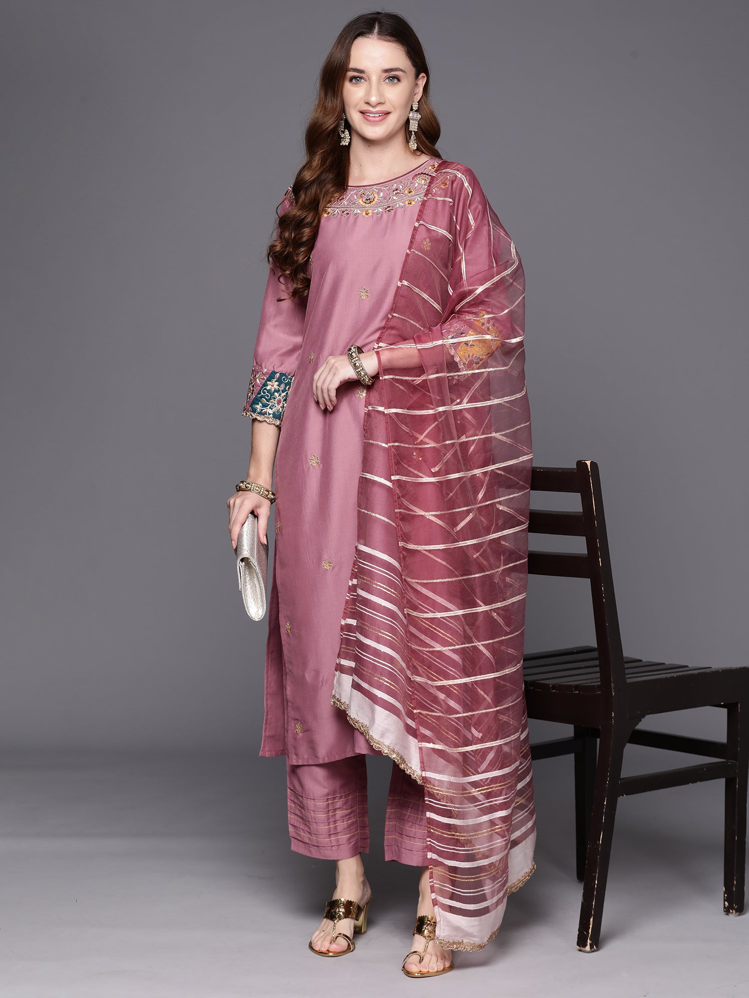 Indo Era Mauve Embroidered Straight Kurta Trousers With Dupatta Set