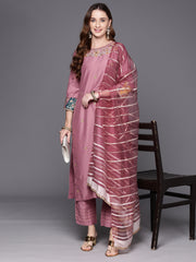 Indo Era Mauve Embroidered Straight Kurta Trousers With Dupatta Set