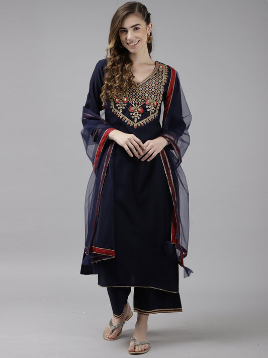 Indo Era Women Navy Blue Ethnic Motifs Yoke Embroidered Kurta with Palazzos & Dupatta