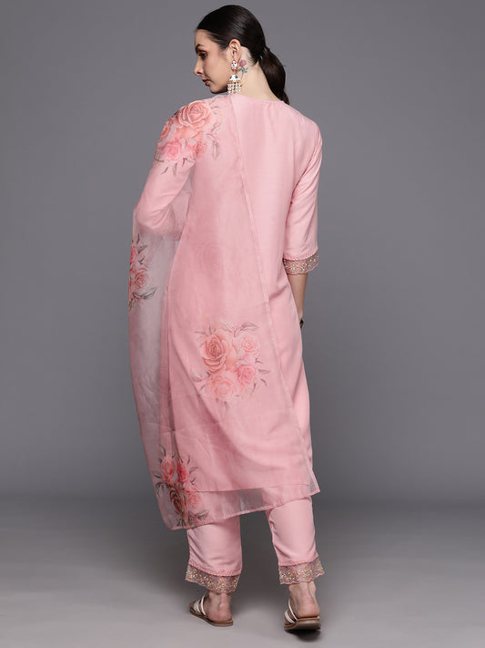 Indo Era Pink Embroidered Straight Kurta Trousers With Dupatta Set