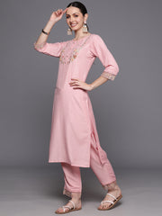 Indo Era Pink Embroidered Straight Kurta Trousers With Dupatta Set