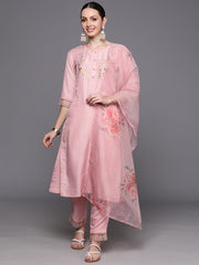 Indo Era Pink Embroidered Straight Kurta Trousers With Dupatta Set