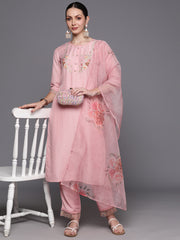 Indo Era Pink Embroidered Straight Kurta Trousers With Dupatta Set