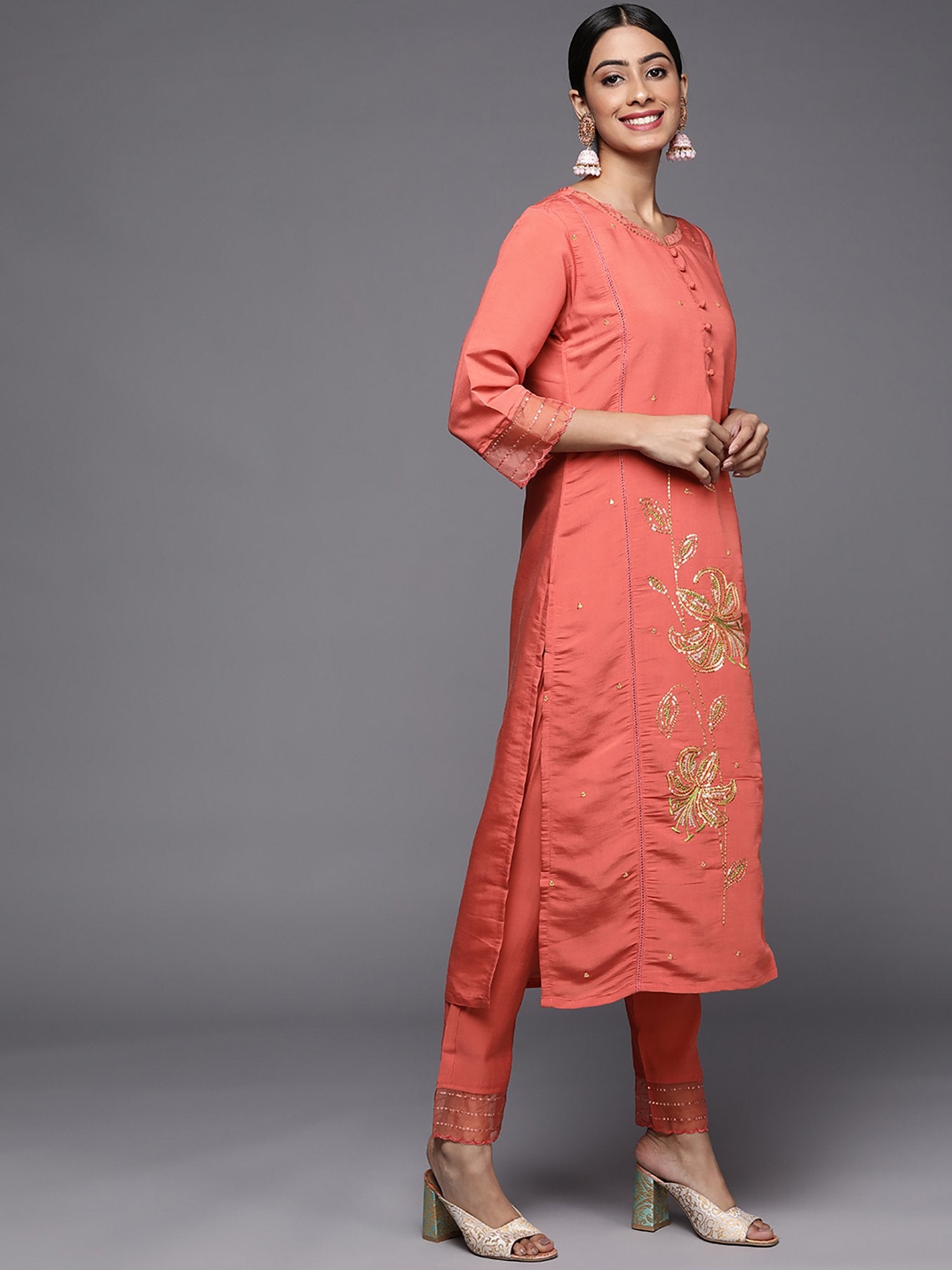 Indo Era Rust Embroidered Straight Kurta Trousers With Dupatta Set