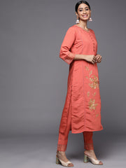 Indo Era Rust Embroidered Straight Kurta Trousers With Dupatta Set