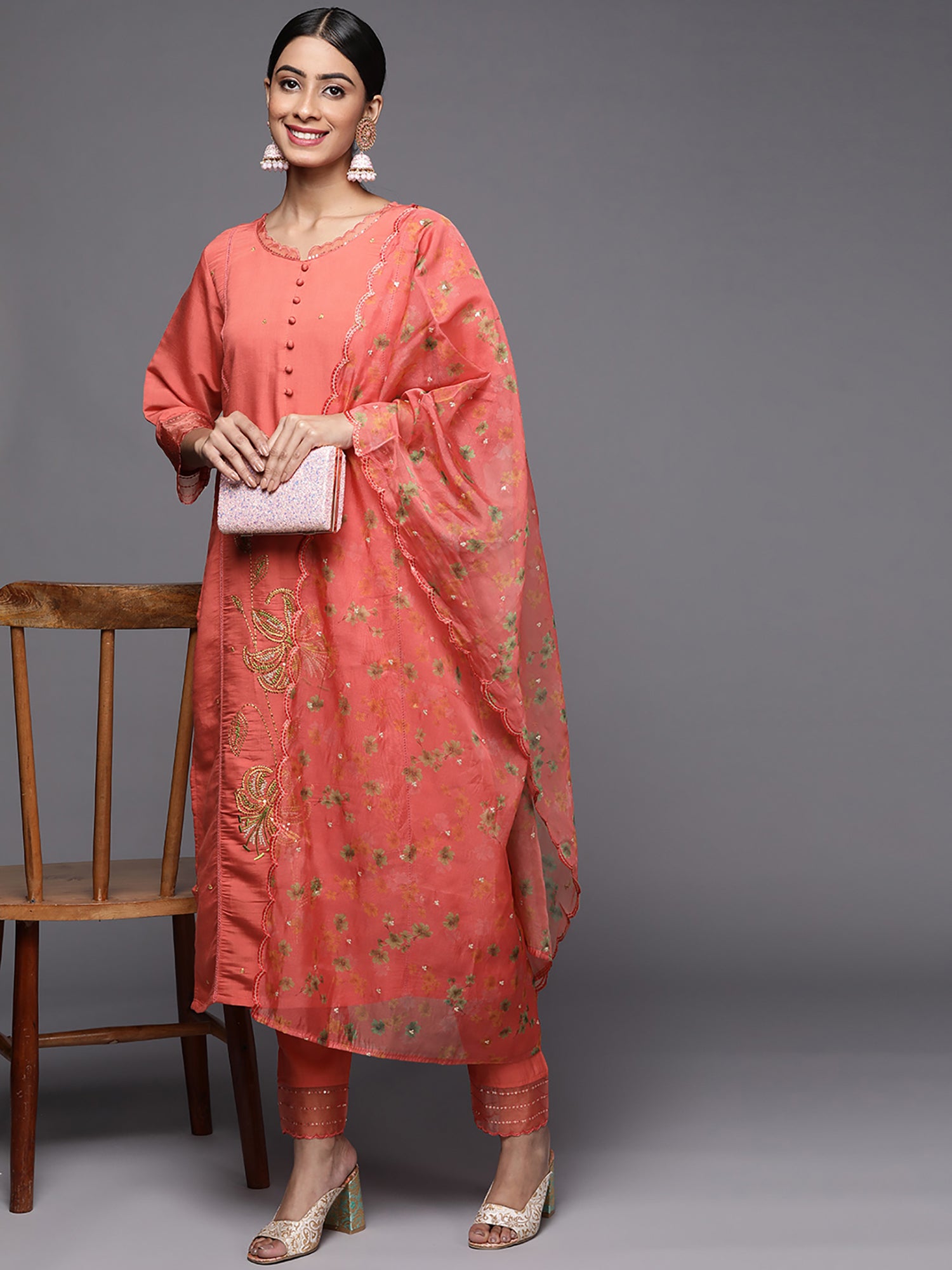 Indo Era Rust Embroidered Straight Kurta Trousers With Dupatta Set