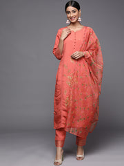 Indo Era Rust Embroidered Straight Kurta Trousers With Dupatta Set