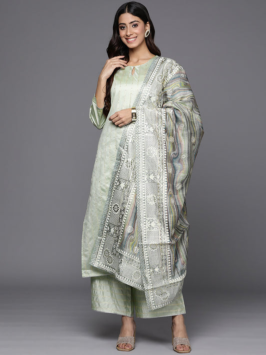 Indo Era Women Striped Sequinned Liva Kurta with Palazzos & With Dupatta