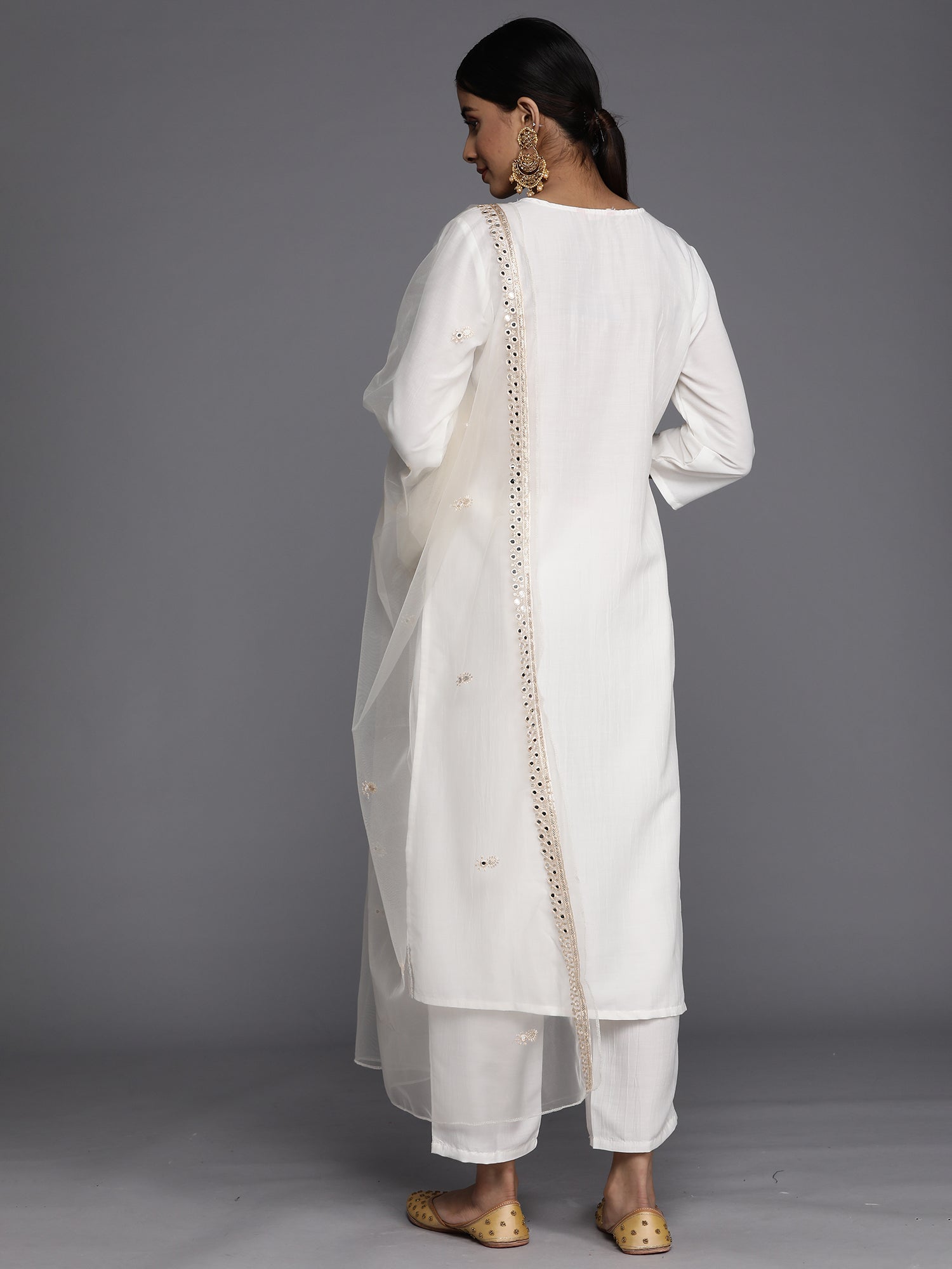 Indo Era White Embroidered Straight Kurta Trousers With Dupatta Set