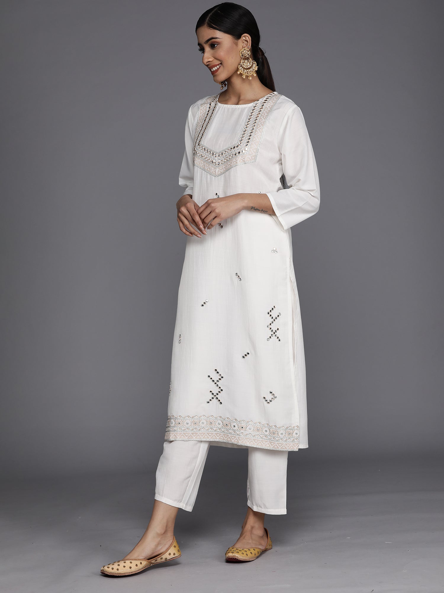 Indo Era White Embroidered Straight Kurta Trousers With Dupatta Set