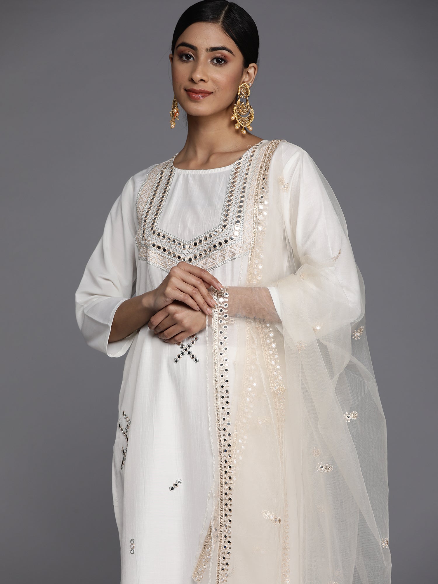 Indo Era White Embroidered Straight Kurta Trousers With Dupatta Set