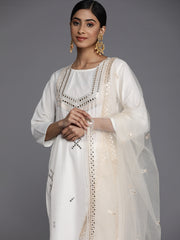 Indo Era White Embroidered Straight Kurta Trousers With Dupatta Set