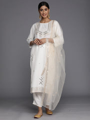 Indo Era White Embroidered Straight Kurta Trousers With Dupatta Set