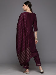 Indo Era Burgundy Embroidered A-Line Kurta Trousers With Dupatta Set