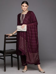 Indo Era Burgundy Embroidered A-Line Kurta Trousers With Dupatta Set