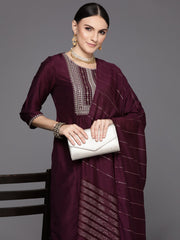 Indo Era Burgundy Embroidered A-Line Kurta Trousers With Dupatta Set