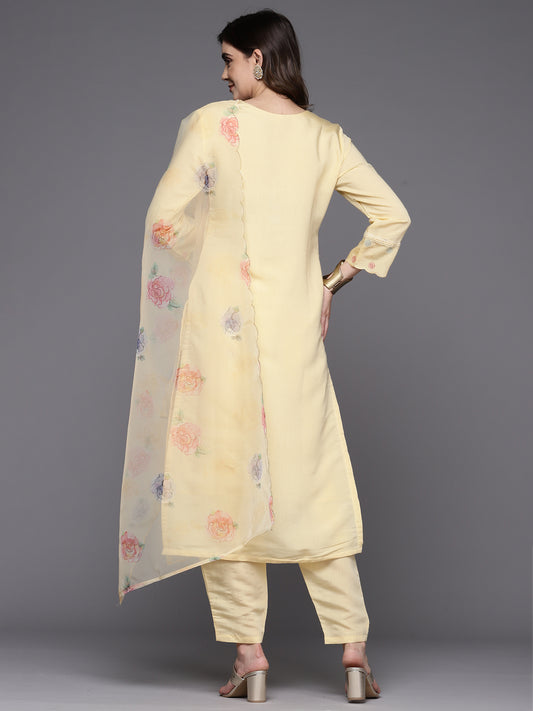 Indo Era Yellow Embroidered Straight Kurta Trousers With Dupatta Set