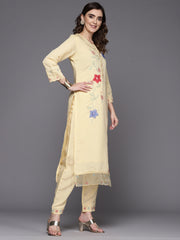 Indo Era Yellow Embroidered Straight Kurta Trousers With Dupatta Set