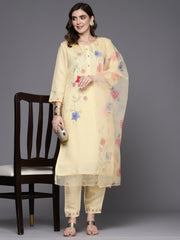 Indo Era Yellow Embroidered Straight Kurta Trousers With Dupatta Set