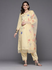 Indo Era Yellow Embroidered Straight Kurta Trousers With Dupatta Set